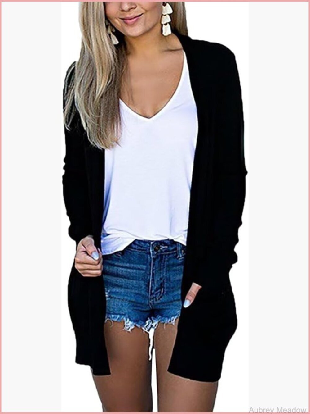 Lightweight Open Front Cardigan with Pockets V-Neck Lady Jacket